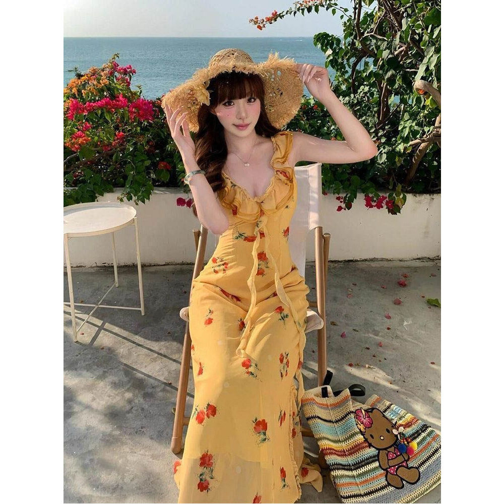 2026新款法式海边度假风碎花吊带连衣裙女夏季超仙感鱼尾长裙