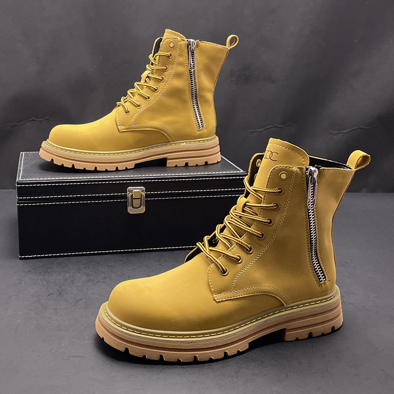 马丁靴男内增高冬季新款英伦风中帮大黄靴厚底软皮靴子沙漠工装靴