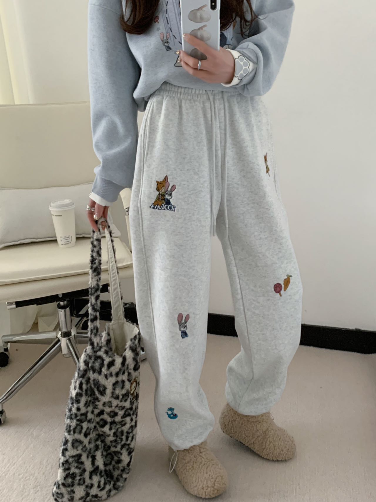 3772加绒加厚动物城朱迪尼克刺绣宽松卫裤休闲裤直筒女裤运动休闲