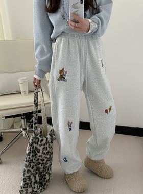 3772加绒加厚动物城朱迪尼克刺绣宽松卫裤休闲裤直筒女裤运动休闲
