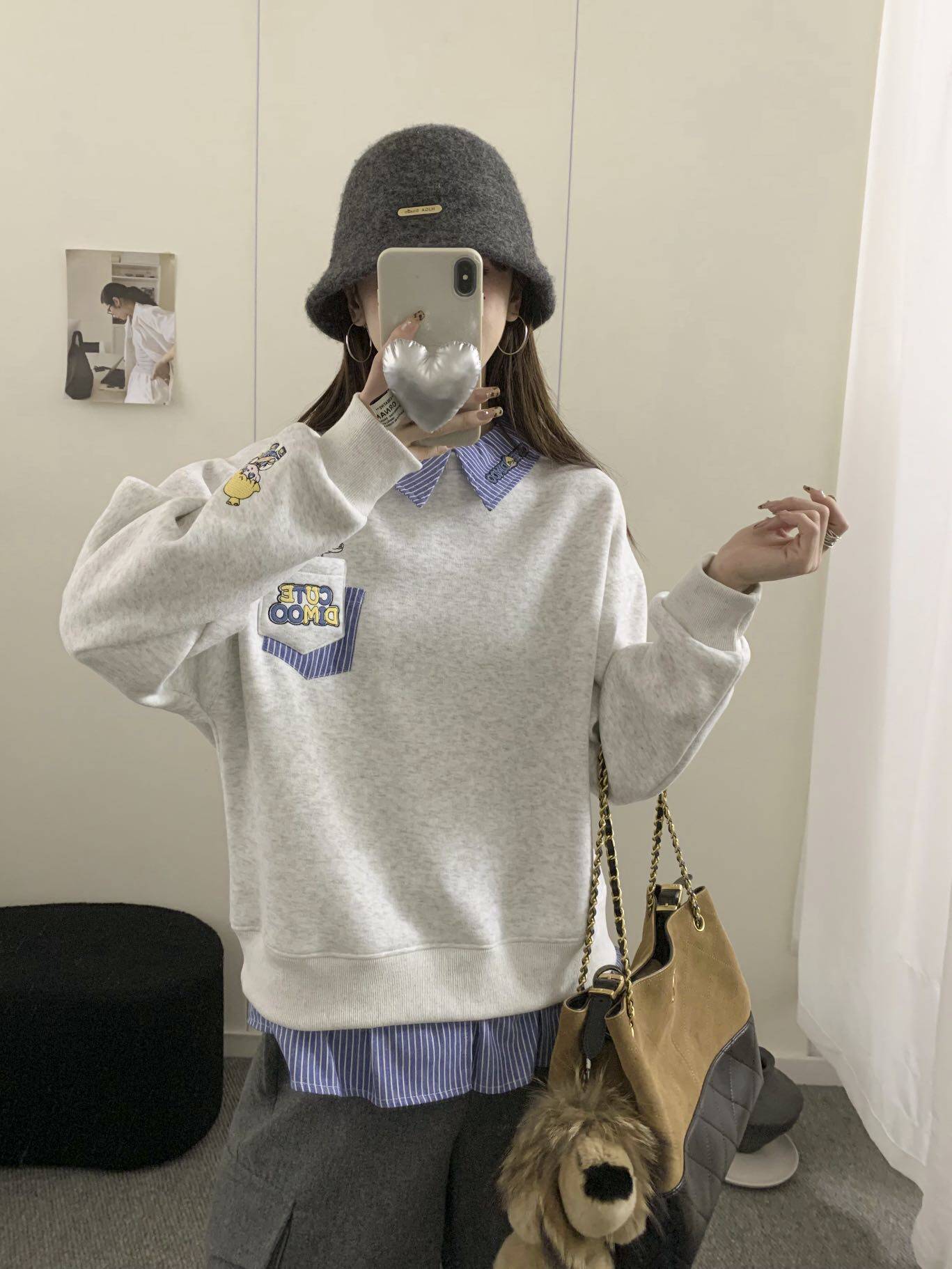衬衫领假两件拼接加绒加厚卡通刺绣百搭翻领卫衣女套头长袖卫衣潮
