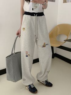 直筒宽松百搭显瘦女休闲运动裤 5229春款 兔子狐狸重工刺绣抽绳卫裤