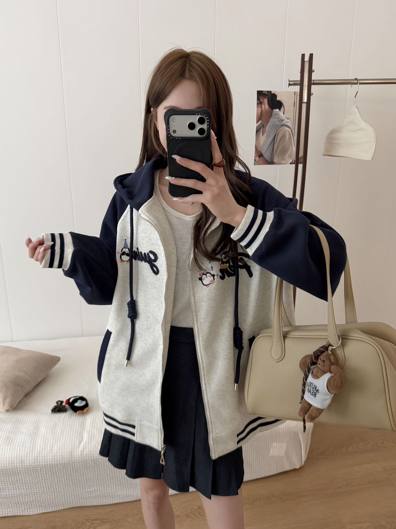 秋季新款企鹅重工刺绣连帽开衫拉链外套韩版宽松百搭休闲女外套潮