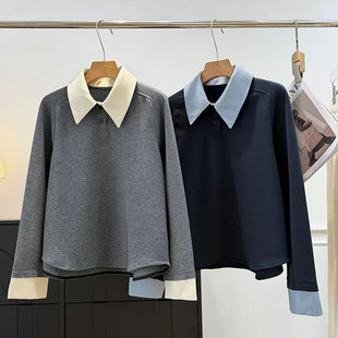 时髦设计感！2026春新款法式假两件长袖衬衫式卫衣女外套百搭上衣