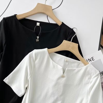 韩系小V领蝴蝶结短袖T恤女