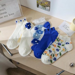 东大门韩版学院风蓝色碎花花朵图案女棉袜袜口蕾丝花边短袜卡丝袜
