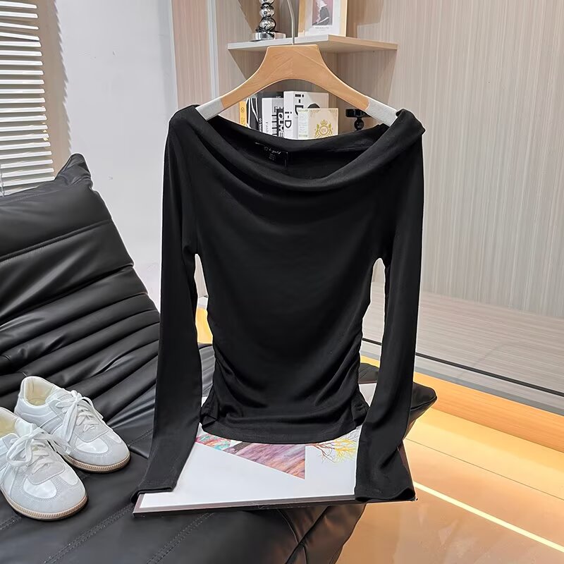 设计感斜领露肩长袖T恤女2025秋新款ins风修身显瘦百搭打底衫上衣