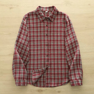 日系复古红格子衬衫女2026春秋磨毛时尚撞色格纹长袖衬衣百搭上衣