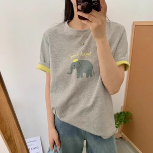 卡通大象印花黄色翻边袖 上衣 圆领短袖 T恤女2025夏ins风宽松打底衫