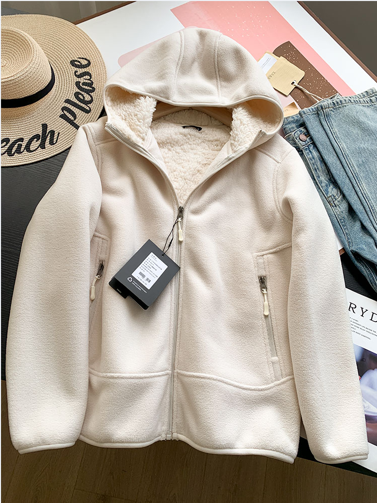 摇粒绒加厚加绒连帽外套女