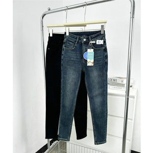 高端！高腰加绒牛仔铅笔裤女！2024冬紧身外穿靴裤弹力修身小脚裤