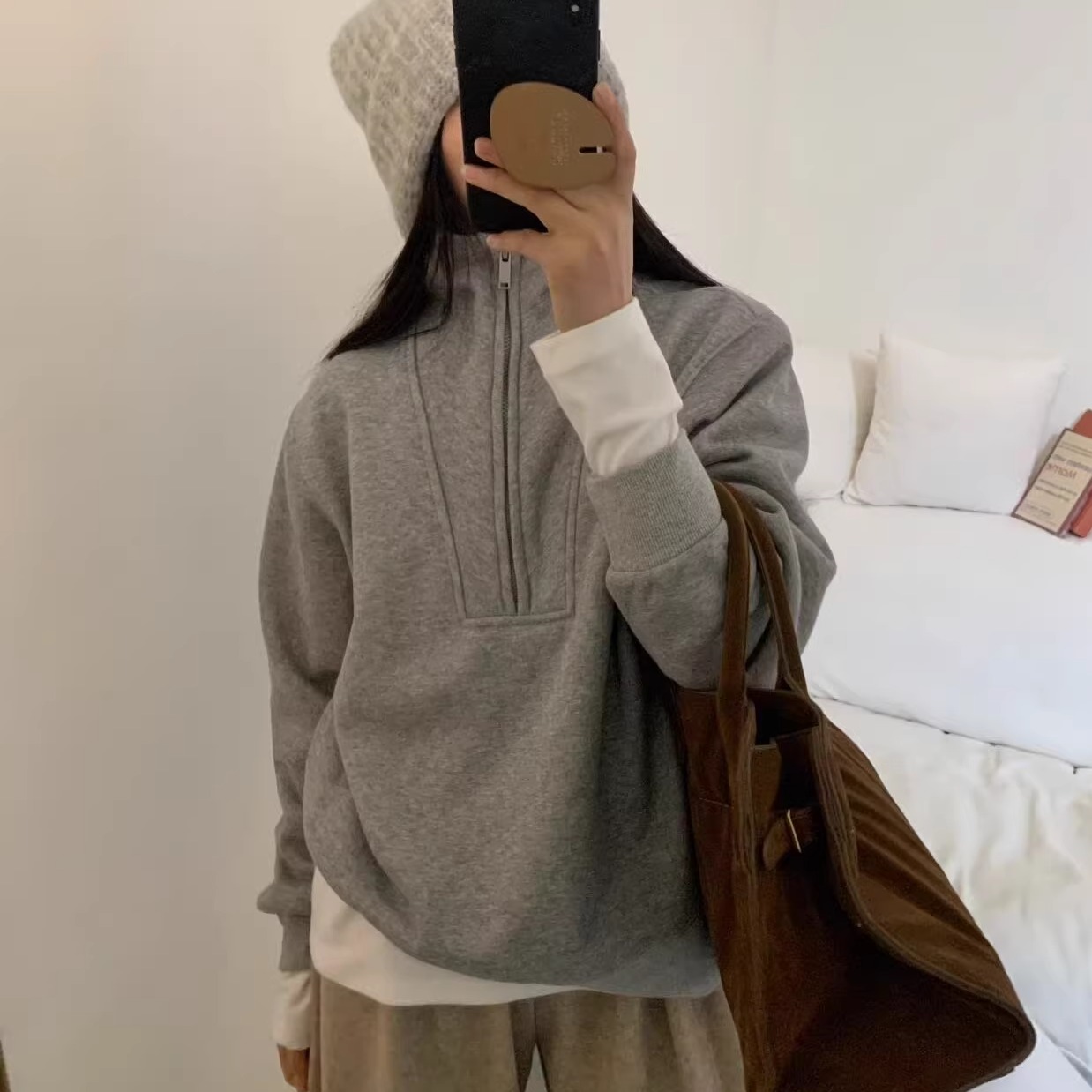 时尚半拉链立领拼接加绒卫衣女！2024冬套头宽松加厚保暖外套上衣