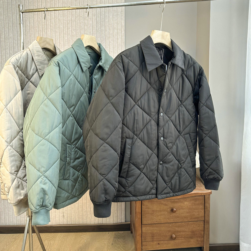 日单！2024秋冬新款菱格夹棉外套男士棉服男棉衣翻领长袖保暖夹克
