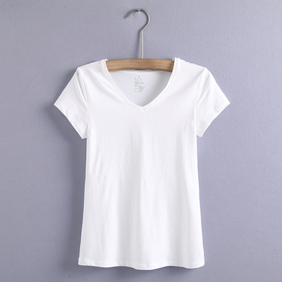 日单外贸女装纯色弹力v领短袖T恤