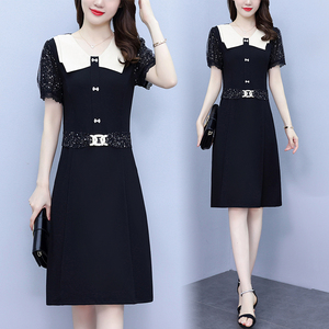 RM8222#大码新款2023胖MM黑色减龄时尚气质女神范遮肉显瘦短袖连衣裙