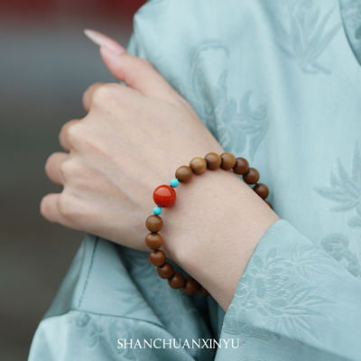 老料印度老山檀南红转运珠本命年绿松高端文玩女佛珠单圈手串高端