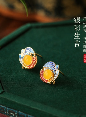 黄色宝石耳钉俄罗斯蜜蜡补土系高能量宝石女款新中式国风个性耳环