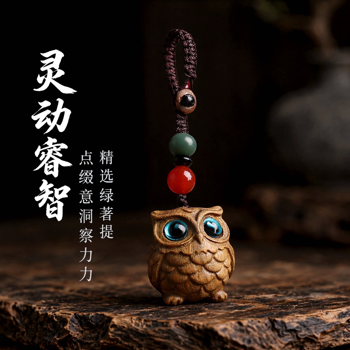 网红绿檀木猫头鹰汽车钥匙扣挂件男女情侣钥匙挂饰链创意背包吊坠