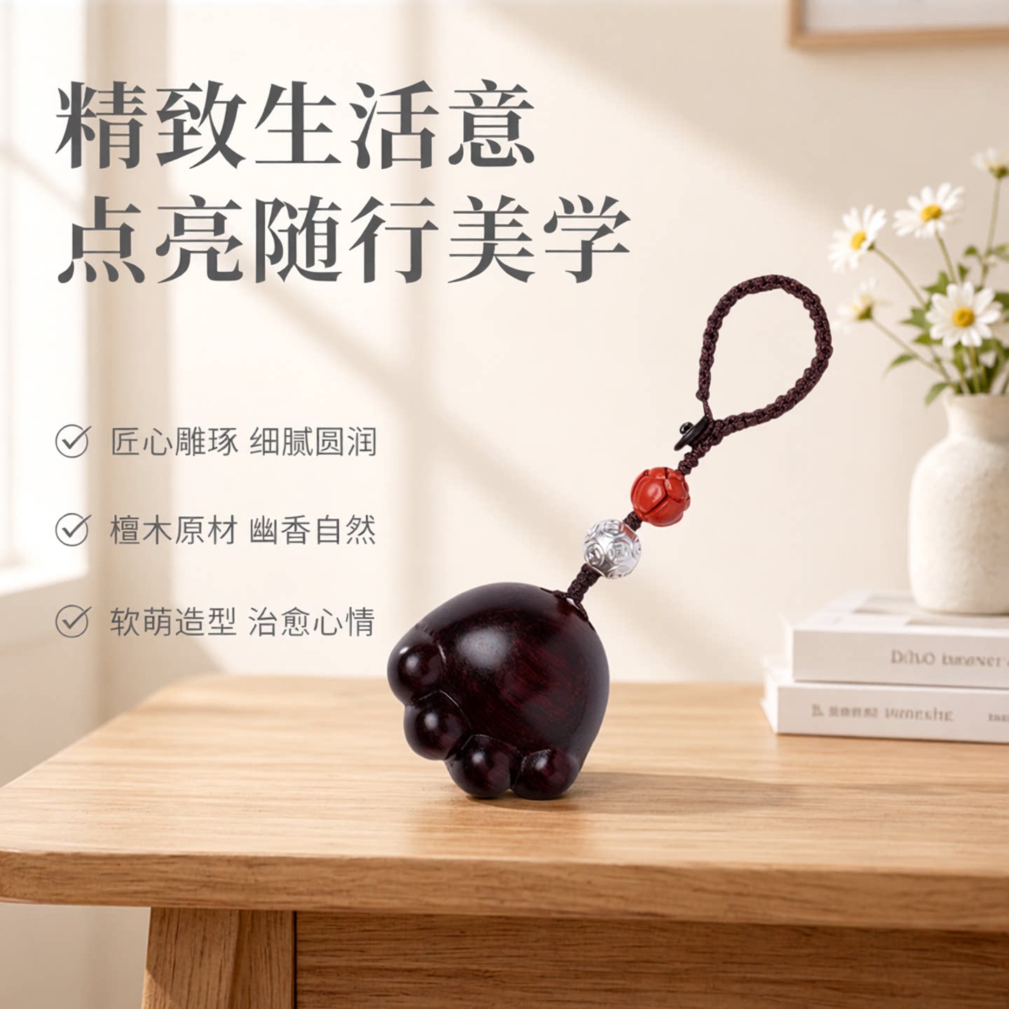 可爱檀木猫爪汽车钥匙扣挂件卡通软萌包P包挂饰银珠饰品