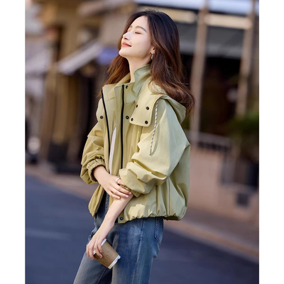 小个子短款连帽风衣外套女2025春秋季新款宽松休闲高级感夹克上衣