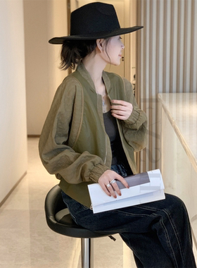 绿色拼接短款棒球服外套女2025春秋新款时尚休闲小个子飞行员夹克