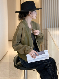绿色拼接短款棒球服外套女2025春秋新款时尚休闲小个子飞行员夹克