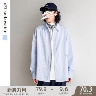 蓝色长袖 苏打汽水工作室日系男女款 新款 春季 衬衣 字母刺绣条纹衬衫