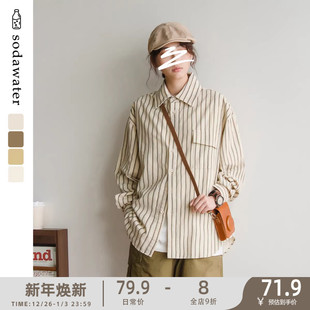 日系男女青春百搭衬衣 衬衫 苏打汽水工作室春季 复古条纹灯芯绒长袖