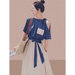 假两件连衣裙女2025夏季新款今年流行气质收腰显瘦露肩设计感长裙
