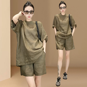 高级感超好看 绿色亚麻短裤 套装 小个子显高时尚 女夏装 搭配一整套