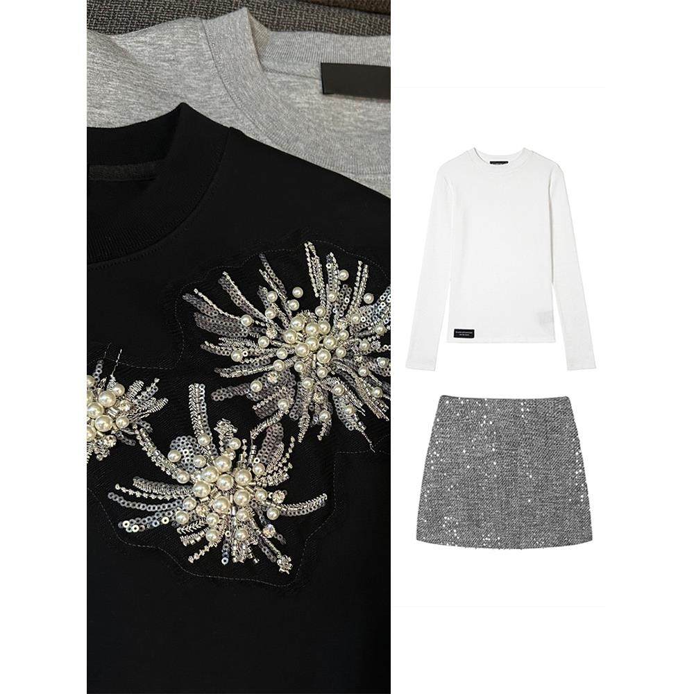 春秋新款超火韩系穿搭一整套女高级感花朵钉珠卫衣T恤短裙三件套