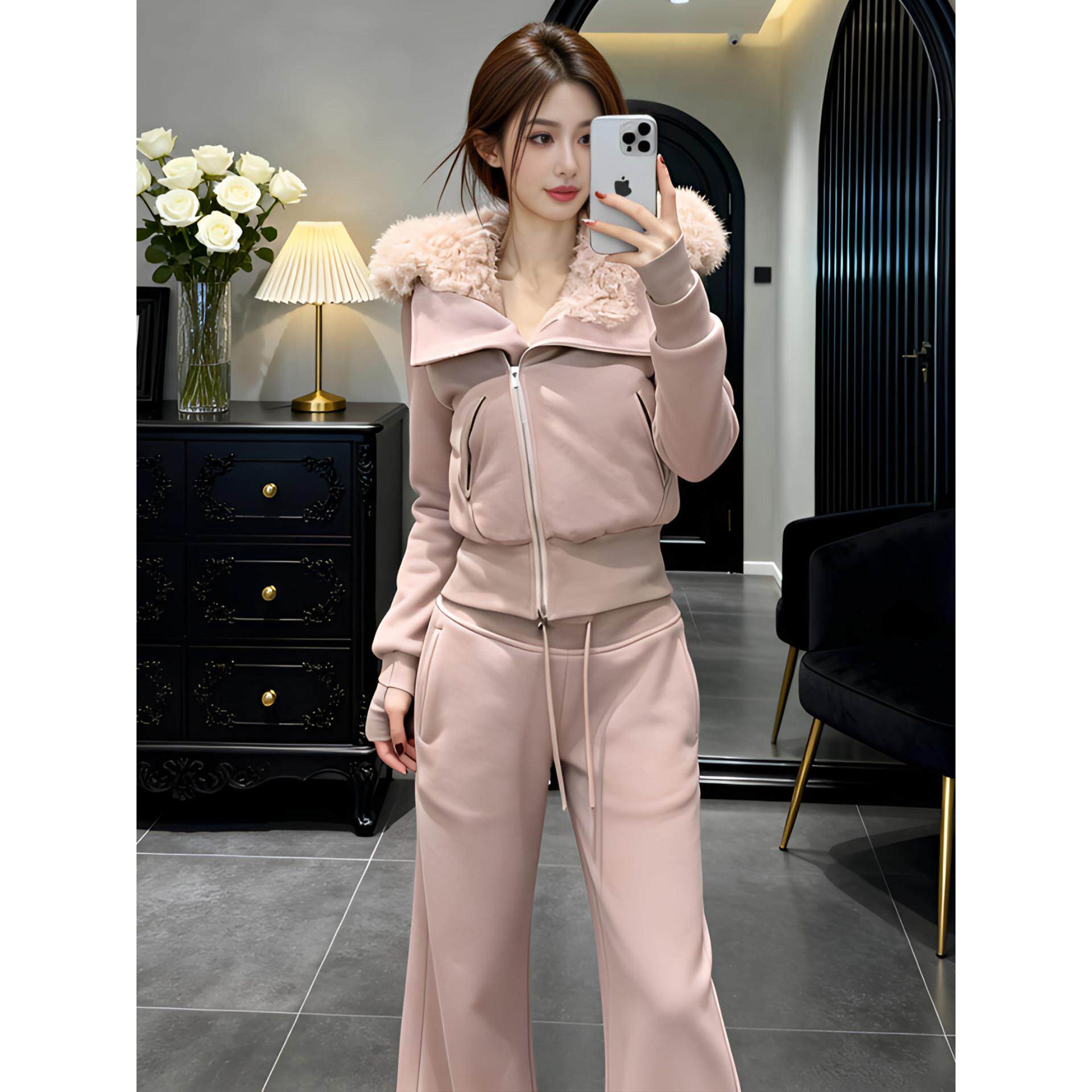 韩系时尚可爱减龄2025秋冬修身显瘦休闲慵懒风外套女直筒裤两件套