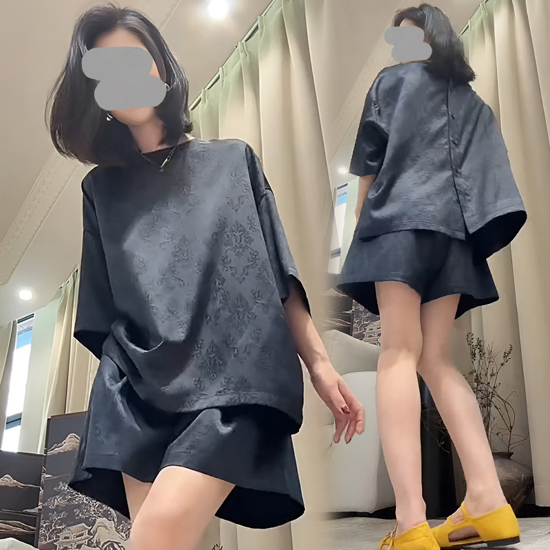 2025年夏季新款大码女装胖MM黑色简约宽松休闲T恤上衣短裤两件套