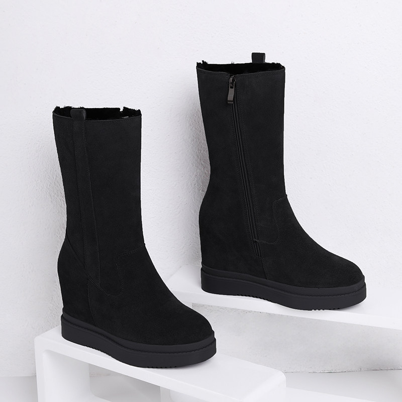 MENGQI 2025 AUTUMN AND WINTER LEATHER 10CM INNER HEIGHTENED BOOTS WOMENS SHOES THIN MID-TUBE SNOW BOOTS WEDGE SINGLE BOOTS