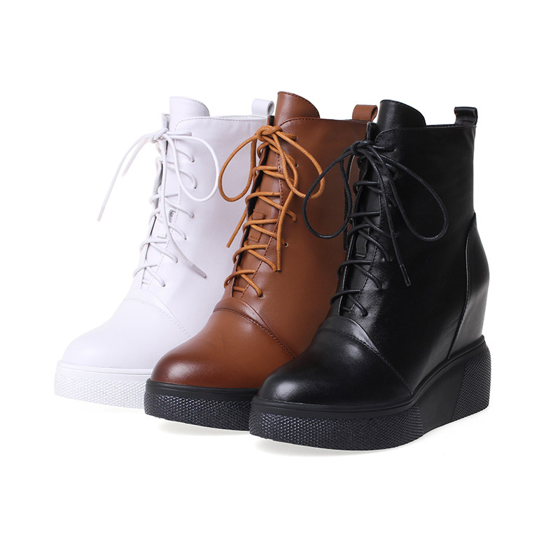 MENG QI AUTUMN AND WINTER NEW LEATHER THICK BOTTOM INCREASED 10CM SHORT BOOTS WOMENS HIGH HEEL WEDGE CASUAL MARTIN BOOTS SINGLE BOOTS