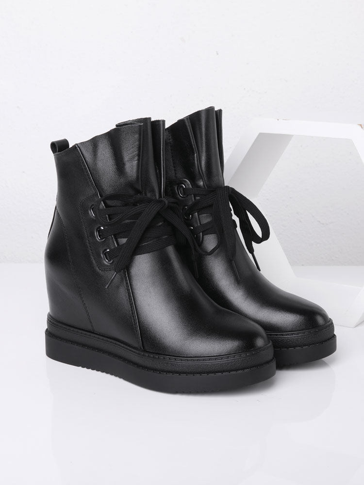 THICK-SOLED 10CM LEATHER INNER HEIGHTENED MARTIN BOOTS WOMENS BRITISH STYLE WEDGE HEEL BOOTS VERSATILE COTTON SHOES WOMENS WINTER PLUS FLEECE BOOTS