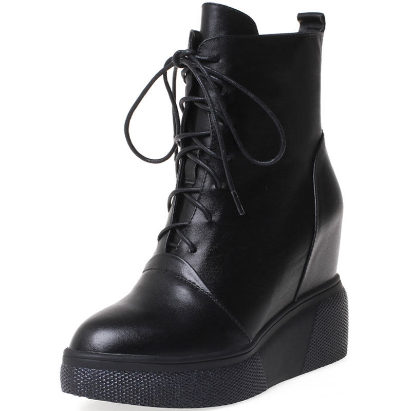MENG QI AUTUMN AND WINTER NEW LEATHER THICK BOTTOM INCREASED 10CM SHORT BOOTS WOMENS HIGH HEEL WEDGE CASUAL MARTIN BOOTS SINGLE BOOTS