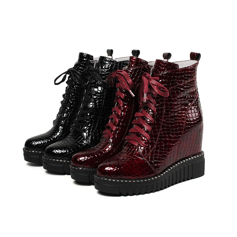 MENG QIDONG PLUS VELVET PATENT LEATHER INNER HEIGHT 10CM SHORT BOOTS SINGLE BOOTS HIGH-TOP WOMENS SHOES CASUAL KOREAN VERSION OF VERSATILE MARTIN BOOTS