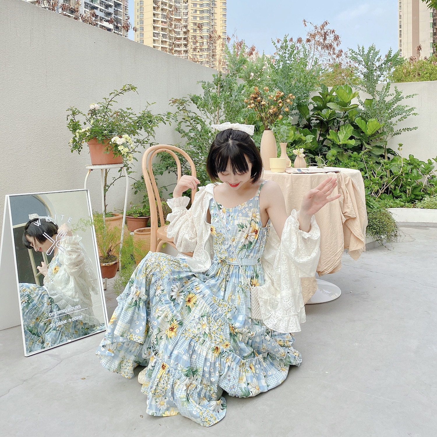 大摆度假甜美清新仙印花吊带裙