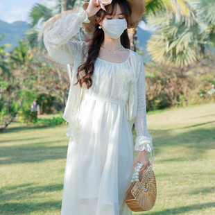花崎鹿纯欲风雪纺连衣裙女夏季 林荫花海 海边度假高级感杏色长裙