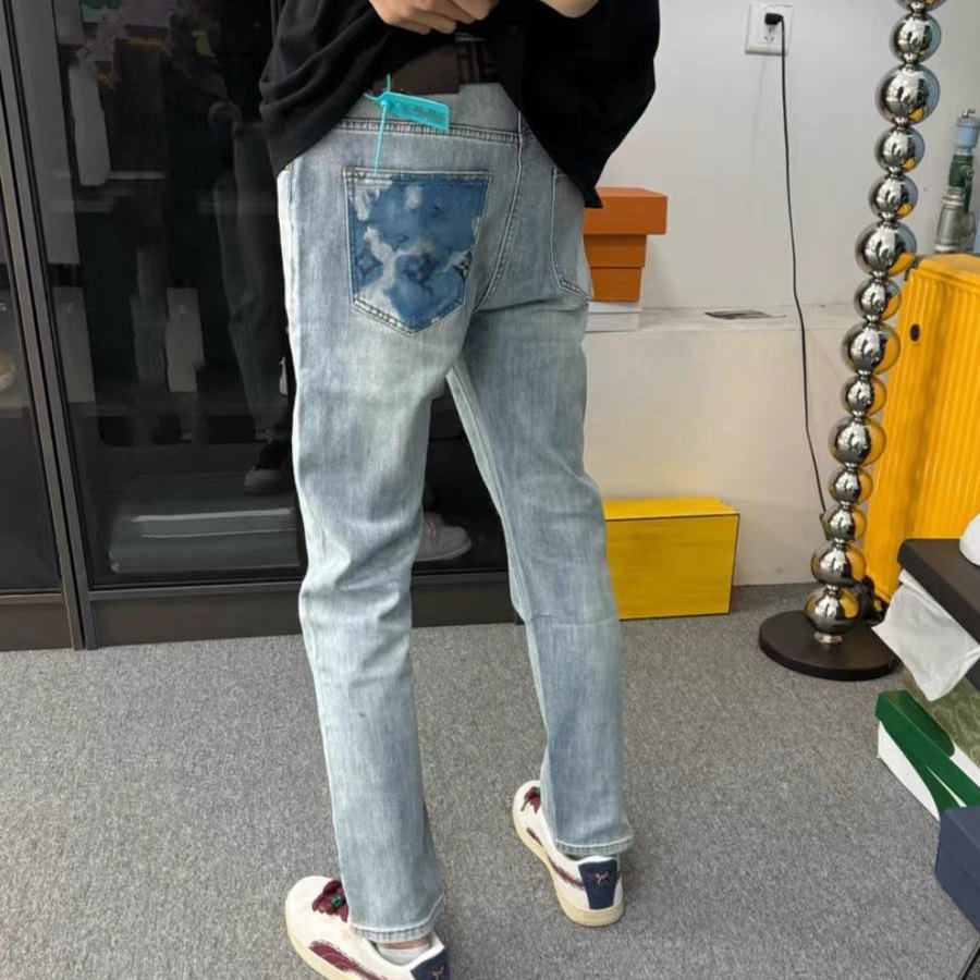 网红潮牌修身牛仔裤男2025水洗蓝色社会小伙直筒长裤弹力小脚裤潮