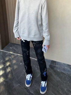 美式十字架轻奢牛仔裤重工刺绣贴钻男女同款宽松休闲百搭小脚长裤