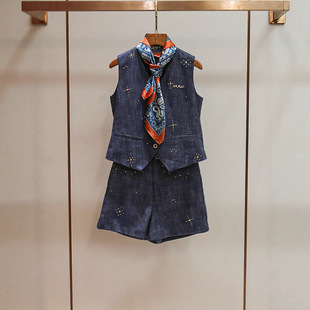 细闪镶钻套装 深圳南油高端女装 高级感气质飘带马甲短裤 夏季 女 新款