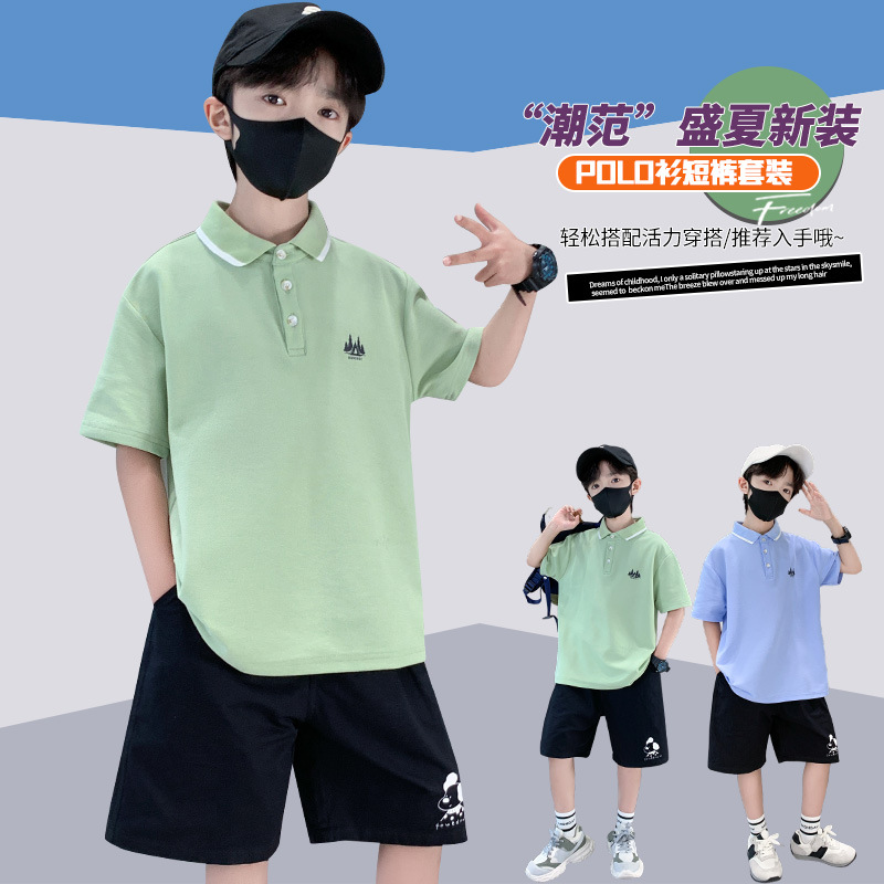 2025夏季新款男童帅气polo衫短袖t恤短裤套装6-14中大儿童两件套