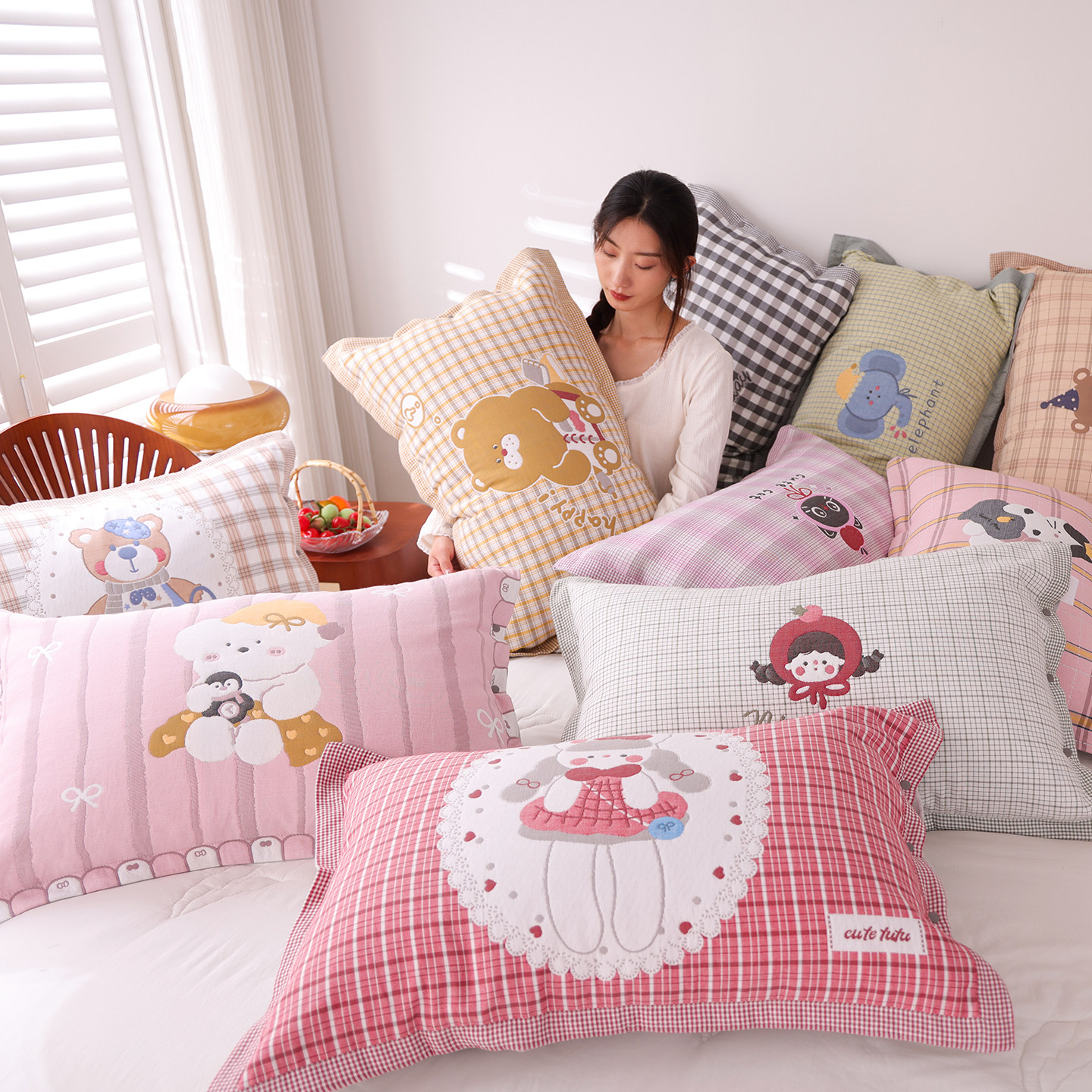 按扣纯棉纱布枕套2025新款可爱卡通枕头套全棉透气吸汗提花枕芯套