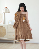 珊瑚绒浴裙女成人家用柔软吸水浴巾干发帽毛巾三件套可穿可裹浴袍