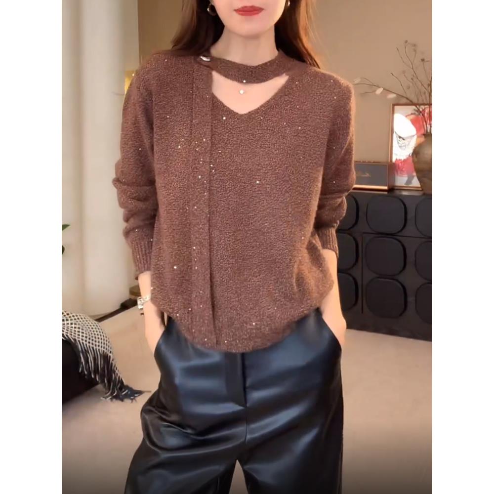 温柔风挂脖飘带长袖套头针织衫女秋季2025新款时髦减龄小个子上衣