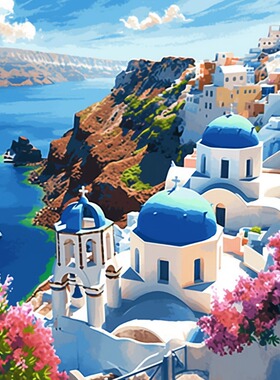 圣托里尼岛DIY数字油画新手按数字治愈填色手绘客厅装饰画