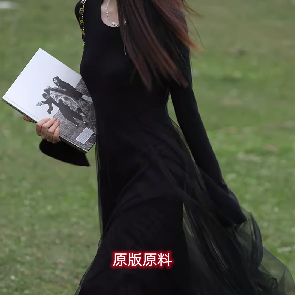诗文 流浪艺术 网纱叠搭针织U领连衣裙女冬季不规则设计长裙子