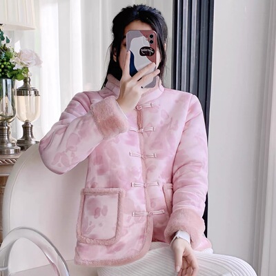 国潮花棉袄女冬季新款民族风盘扣加绒加厚鹿皮绒保暖棉衣棉服外套